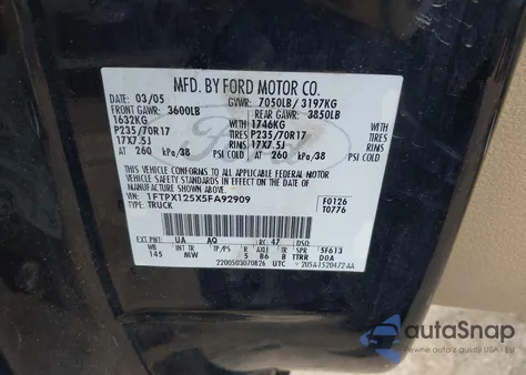 2005 Ford F-150 Lariat/Xl/Xlt from USA, damaged, VIN 1FTPX125X5FA92909